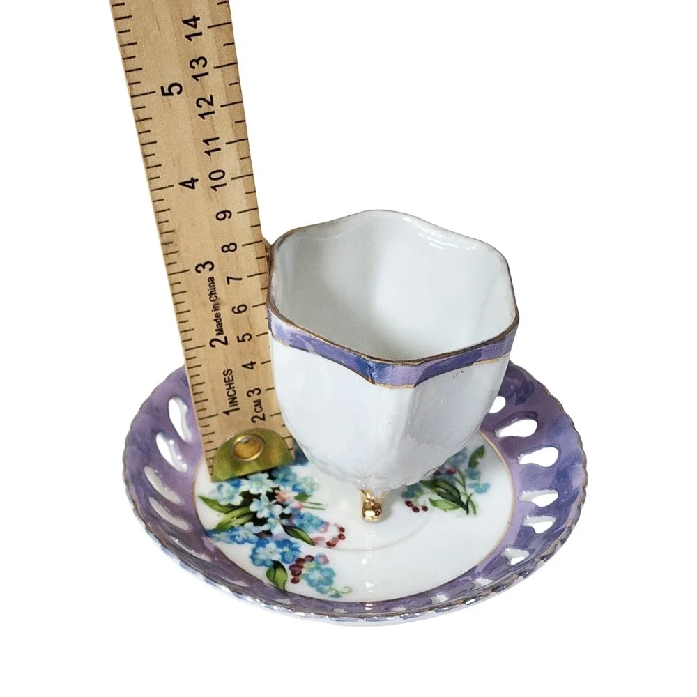 Vintage Footed Iridescent Purple Floral Teacup Saucer Set Reticulated Porcelain